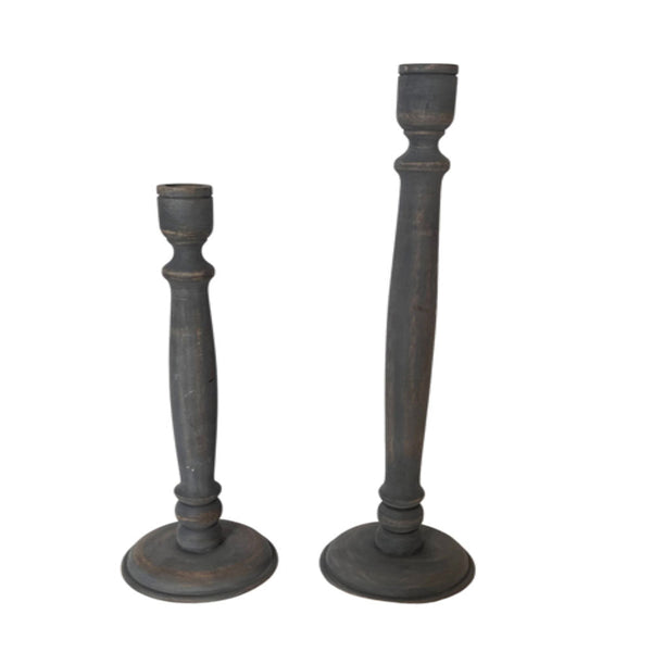 Dark Grey Mango Wood Taper Candleholders, Set of 2