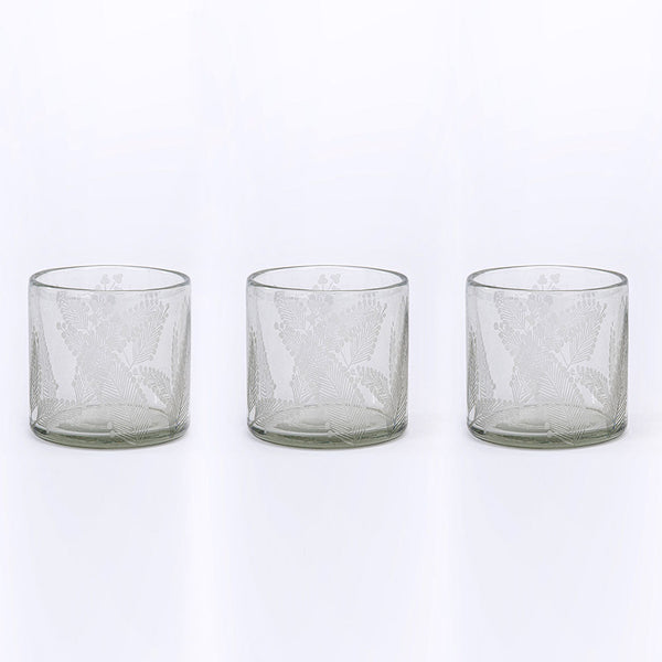 Leaf-Etched Glass Candleholders, Set of 3