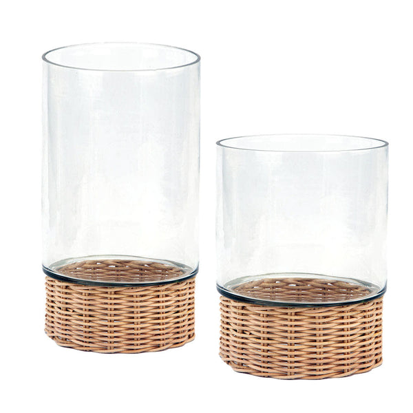 Clear Glass & Woven Rattan Hurricane Candleholder
