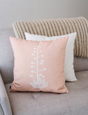 Agave Print Linen-Blend Throw Pillow — Blush linen-blend pillow with agave bloom motif, 18 by 18 inches