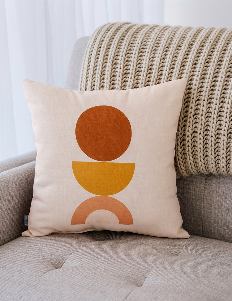Geometric Print Linen-Blend Throw Pillow — Geometric linen-blend pillow in warm terracotta, ochre, and blush tones