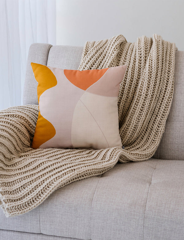Abstract Print Linen-Blend Throw Pillow — Mod abstract linen-blend pillow in warm ochre, terracotta, and blush tones