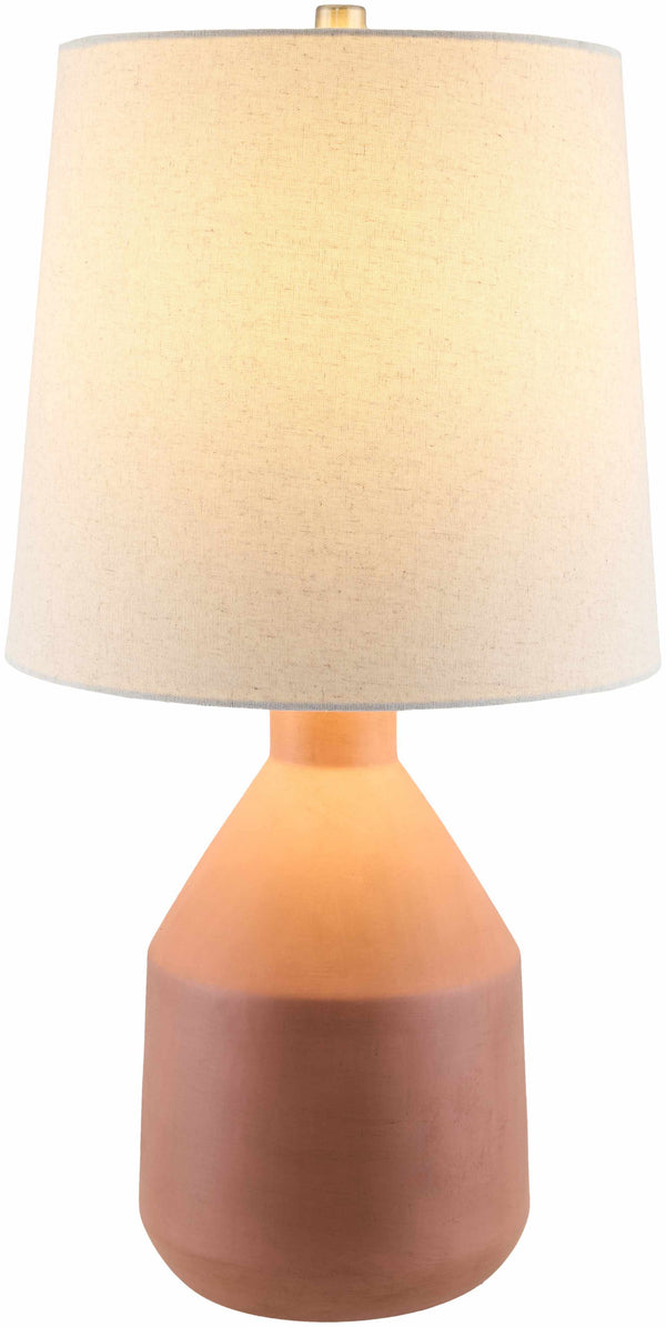 Matte Ceramic Terracotta Table Lamp styled with ceramics and a linen runner