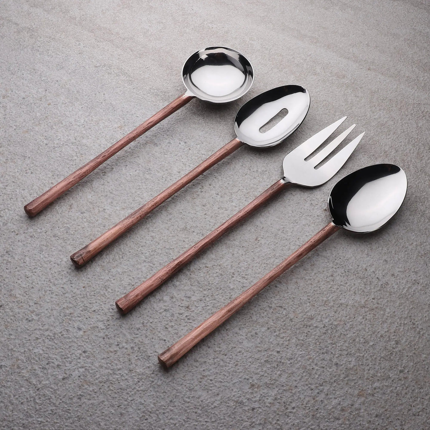 Copper-Handle Hostess Serving Set — Four-piece serving set — copper-finish handles, mirror-polished metal heads