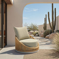 Woven Rattan Swivel Outdoor Accent Chair — Barrel swivel chair in woven rattan and sage olefin, built for open-air ease