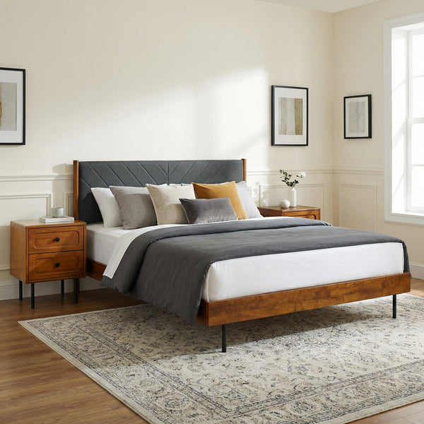 Close-up of slatted wood construction and grain detail — Chevron Upholstered Wood Platform Bed