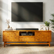 Relief-Carved Wood TV Stand — scale reference and proportion detail