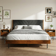 Chevron Upholstered Wood Platform Bed styled with linen bedding in a warm bedroom