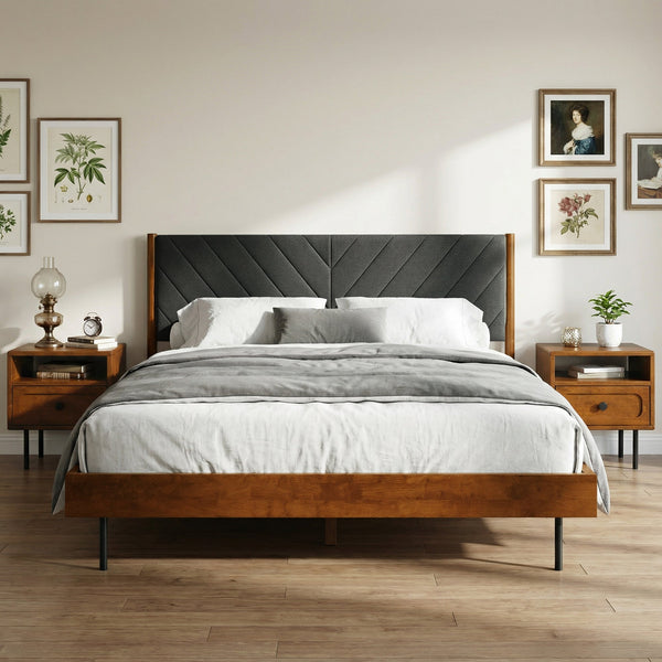 Chevron Upholstered Wood Platform Bed styled with linen bedding in a warm bedroom