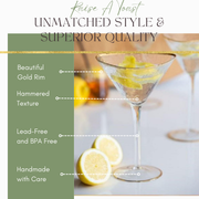 Clear Hammered Gold-Rim Martini Glasses, Set of 2