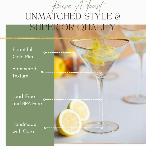 Clear Hammered Gold-Rim Martini Glasses, Set of 2
