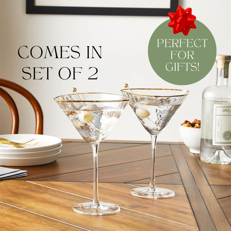 Clear Hammered Gold-Rim Martini Glasses, Set of 2