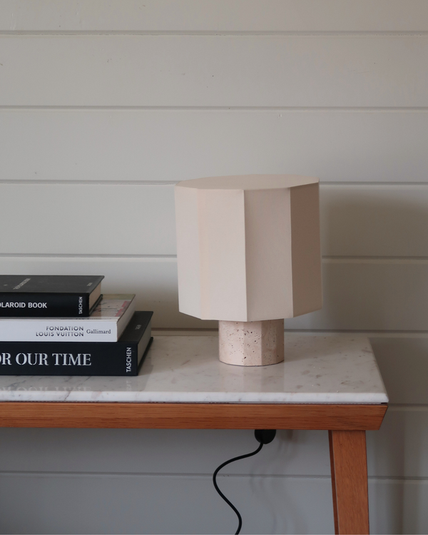 Decagon Shade Travertine Base Table Lamp