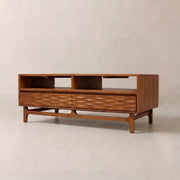 Carved Rubberwood Storage Coffee Table — Low-profile rubberwood table with carved drawers and open shelving