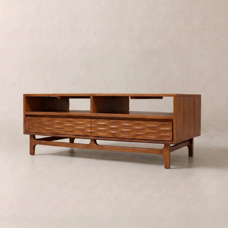 Carved Rubberwood Storage Coffee Table — Low-profile rubberwood table with carved drawers and open shelving