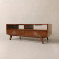 Carved Rubberwood Storage Coffee Table — Solid rubberwood coffee table with carved drawers and open shelf storage