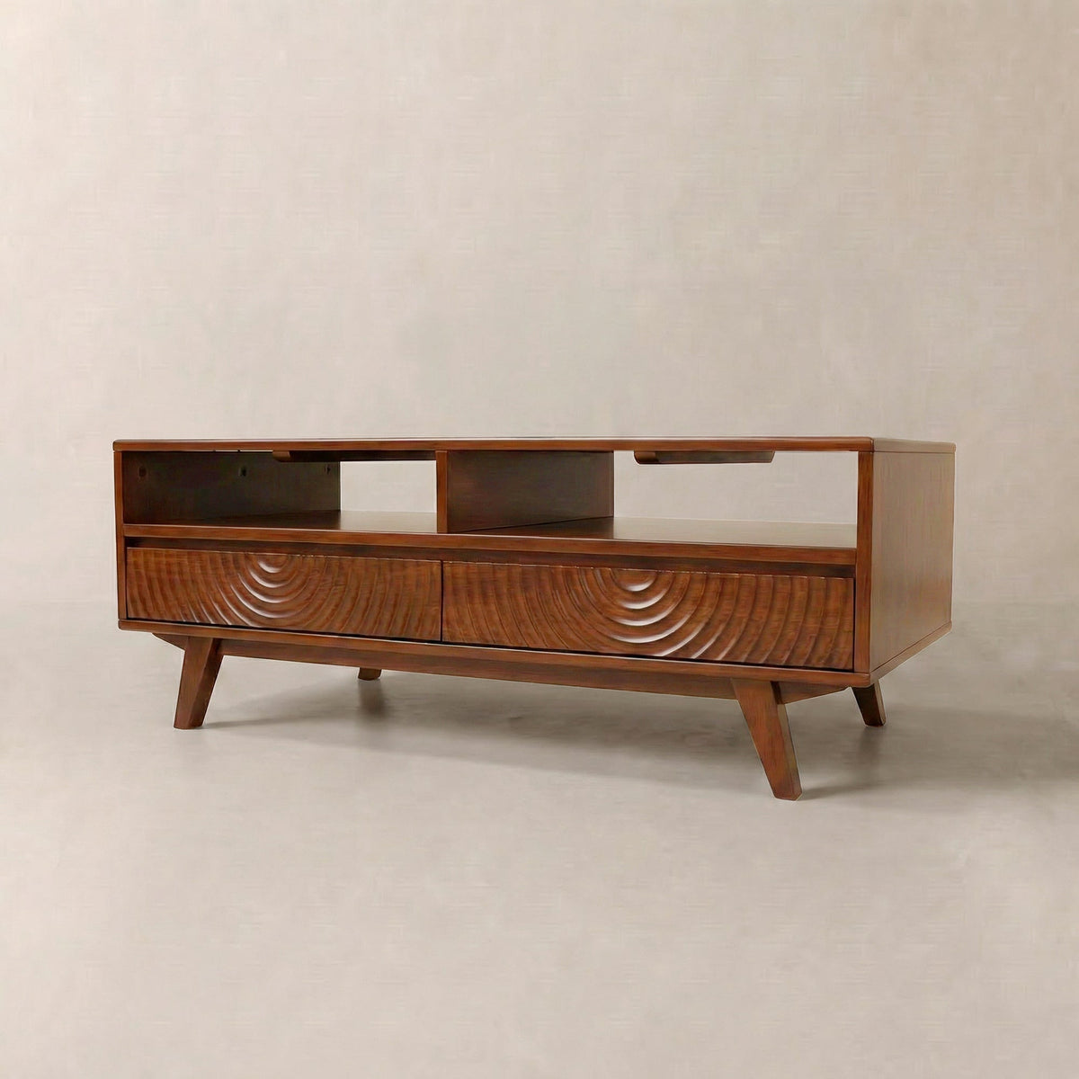 Carved Rubberwood Storage Coffee Table — Solid rubberwood coffee table with carved drawers and open shelf storage