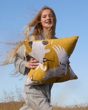 Crane Embroidered Linen-Weave Throw Pillow