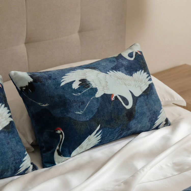 Crane Print Velvet Lumbar Pillow