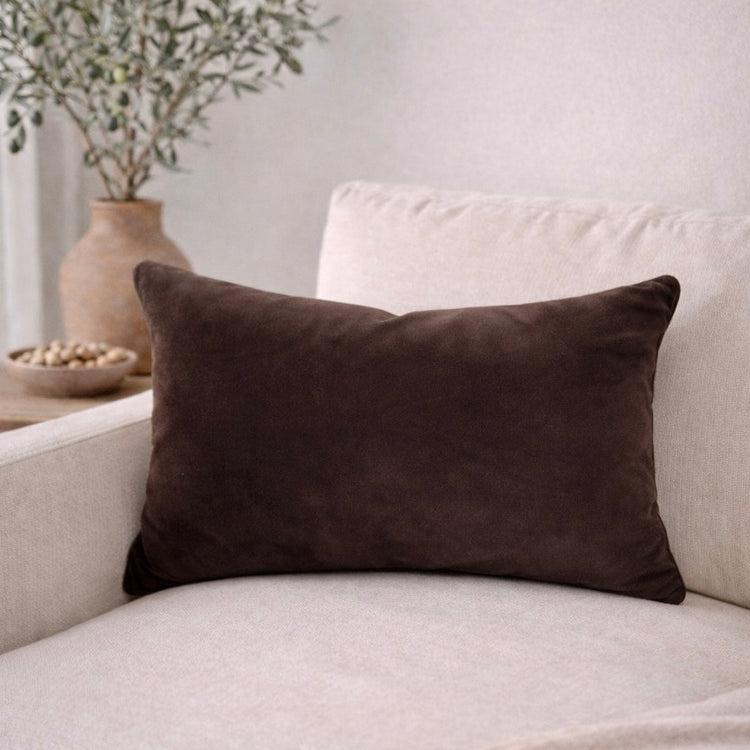 Chocolate Velvet Lumbar Pillow Cover — Deep chocolate velvet lumbar cover with zip closure for sofas and beds