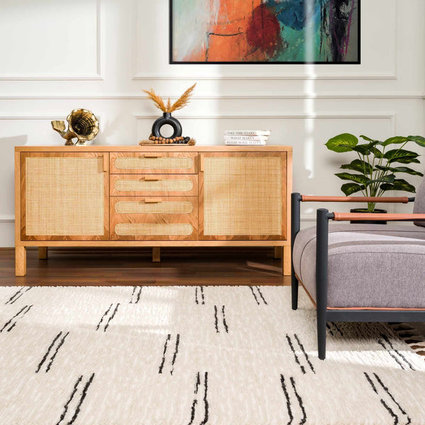 Cream Broken-Stripe Tassel Area Rug