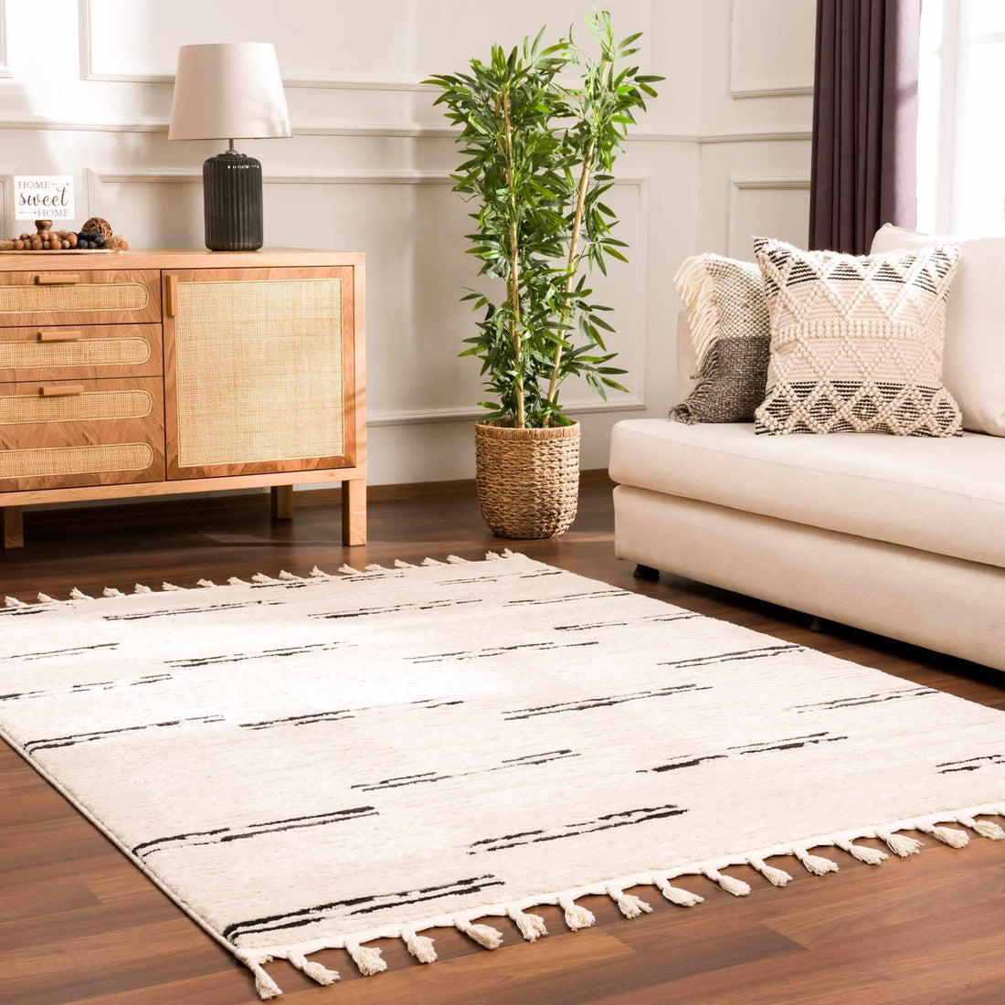 Cream rug with black broken stripes, rectangular