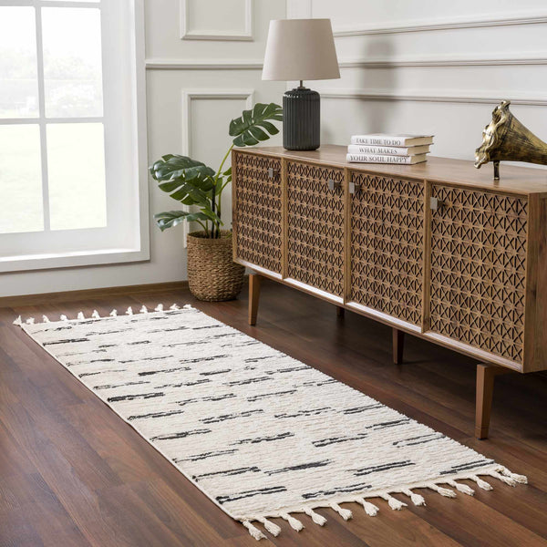 Cream Broken-Stripe Tassel Area Rug