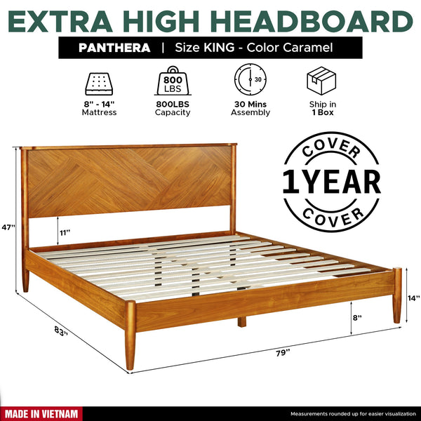 Close-up of slatted wood construction and grain detail — Chevron-Panel Solid Wood Bed Frame