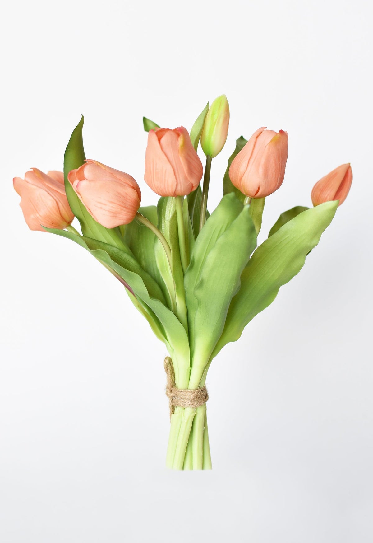 Real-Touch Peach Tulip Stem Bundle — Seven real-touch peach tulip stems, twine-bound and ready to arrange