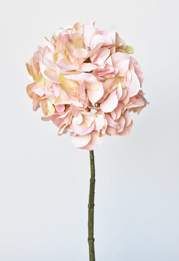 Blush Faux Hydrangea Stem — Blush and warm cream faux hydrangea stem with a textured bark-finish stem