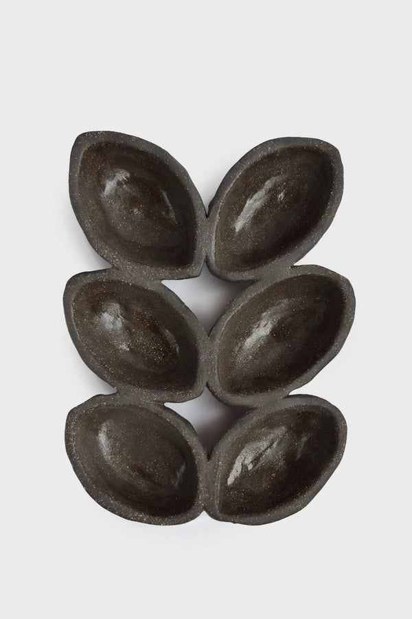 Close-up of hand-thrown stoneware glaze and texture detail — Dark Stoneware Multi-Well Serving Dish