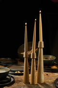 Hand-Carved Wood-Grain Taper Candle Holder — Hand-turned wood-grain taper holder in two sizes, natural finish