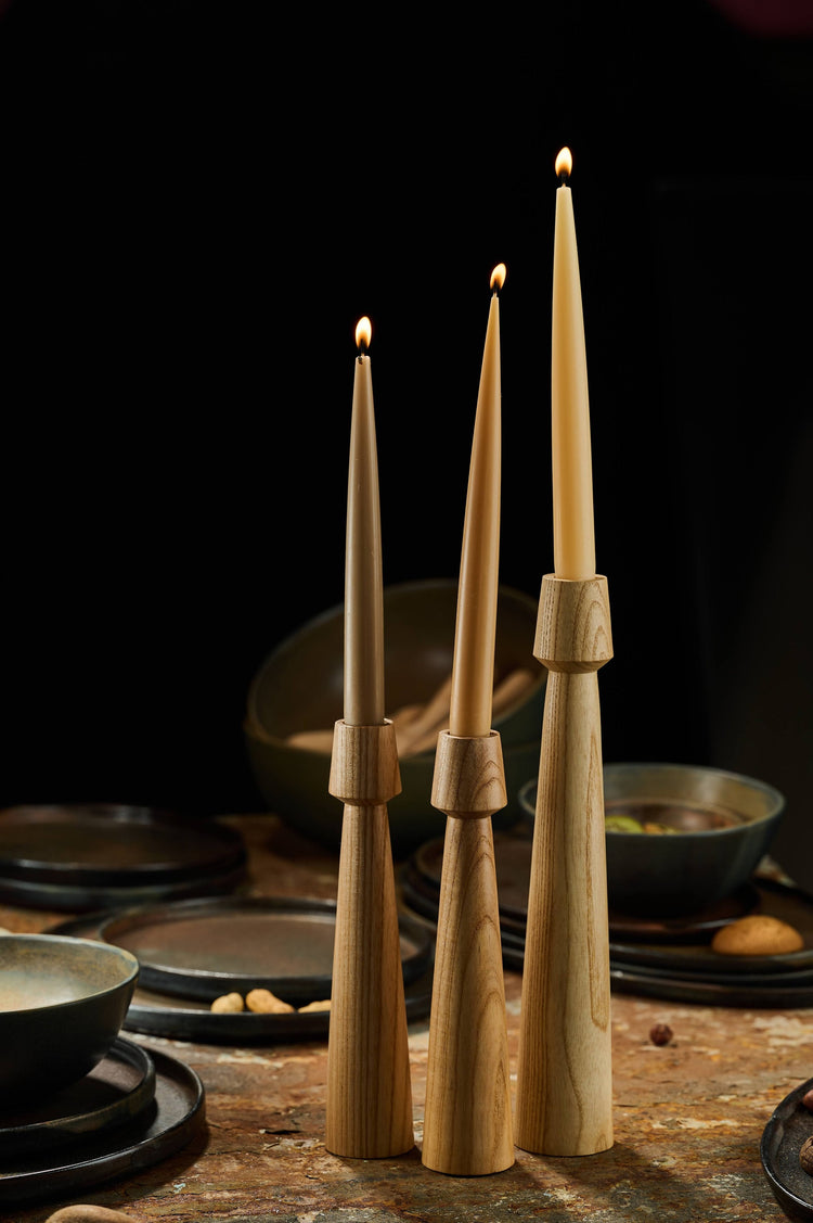 Hand-Carved Wood-Grain Taper Candle Holder — Hand-turned wood-grain taper holder in two sizes, natural finish