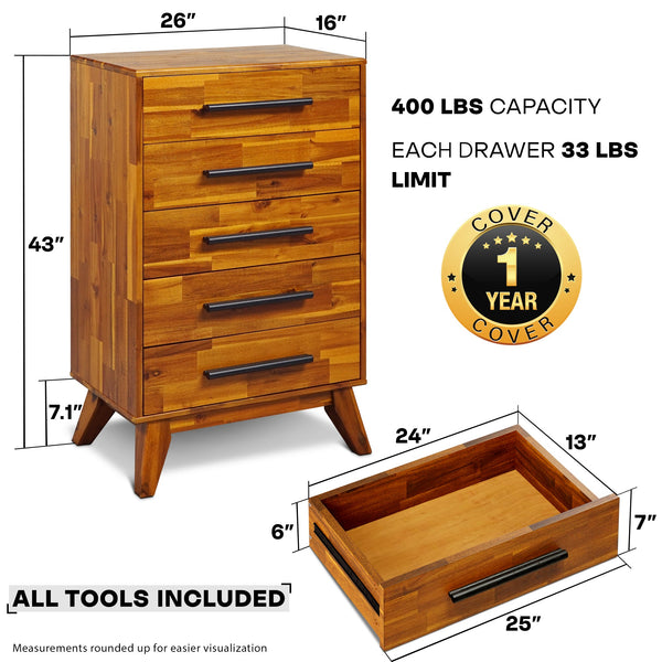 Mid-Century Solid Wood Tall Dresser