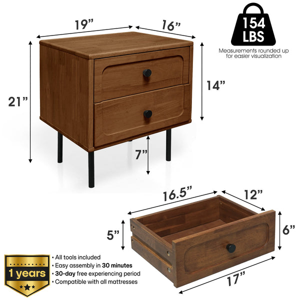 Hevea Wood 2-Drawer Nightstand