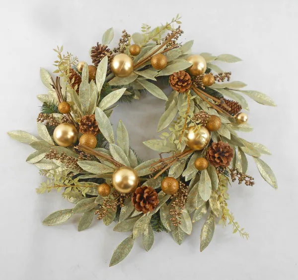 Gold & Bay Leaf Holiday Wreath, 24 in Wide