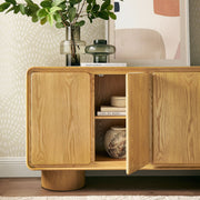 Curved Wood Veneer 4-Door Accent Cabinet