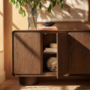 Curved Wood Veneer 4-Door Accent Cabinet