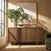Curved Wood Veneer 4-Door Accent Cabinet