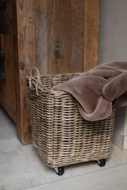 Kubu Grey Rattan Square Storage Basket on Wheels