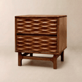 Relief-Carved Rubber Wood Nightstand — Solid rubber wood nightstand with sculptural wave-relief drawers in three finishes