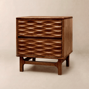 Relief-Carved Rubber Wood Nightstand — Solid rubber wood nightstand with sculptural wave-relief drawers in three finishes