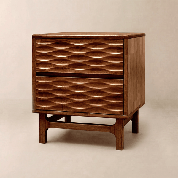 Relief-Carved Rubber Wood Nightstand — Solid rubber wood nightstand with sculptural wave-relief drawers in three finishes