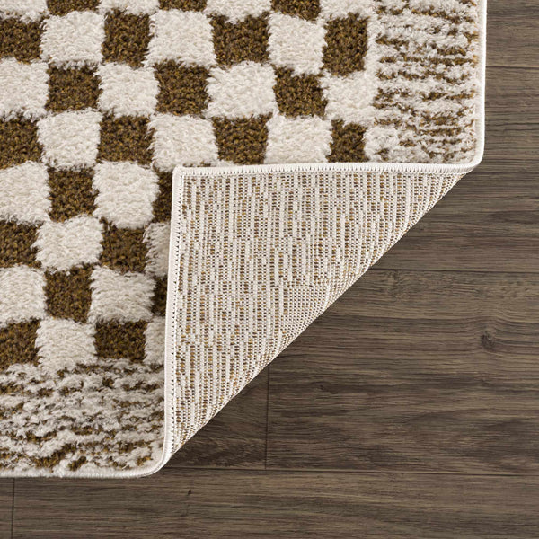 Cream & Warm Brown Checkered High-Pile Area Rug