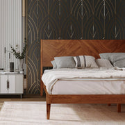 Herringbone Wood Platform Bed Frame — close-up of label and production detail