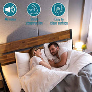 Acacia Wood-Grain Platform Bed Frame — close-up of label and production detail