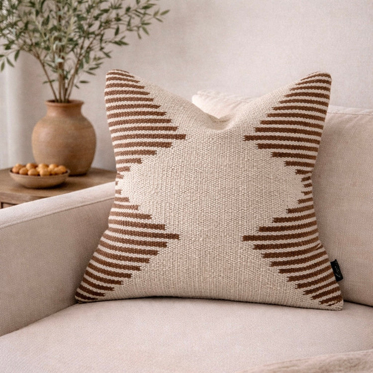 Kilim-Weave Geometric Pillow Cover — Kilim-weave pillow cover with stepped geometric motifs in cream and warm brown