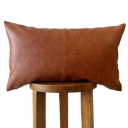 Cognac Faux Leather Lumbar Cover — Grained faux leather lumbar cover in warm cognac with hidden zipper closure