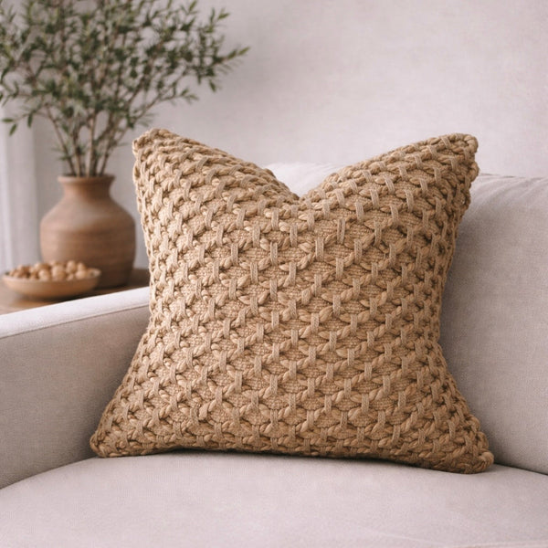 Braided Jute Woven Pillow Cover — Hand-braided jute lattice cover in warm tan, available in sets of up to four