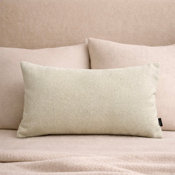 Cream Sherpa Lumbar Pillow Cover — Nubby sherpa lumbar cover in warm cream with hidden zipper closure
